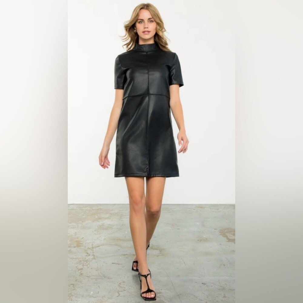 THML Mock Neck Short‎ Sleeve Faux Leather Dress Black Women's Large